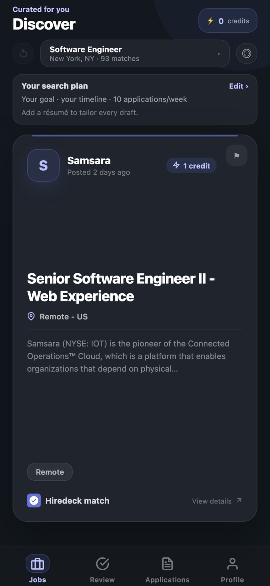 Hiredeck swipe deck showing a real Stripe senior software engineer job card with credits and filters
